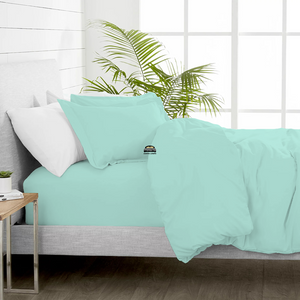 Aqua Blue Duvet Cover Set with Fitted Sheet Solid Comfy Sateen