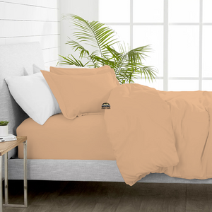Beige Duvet Cover Set with Fitted Sheet Comfy Sateen