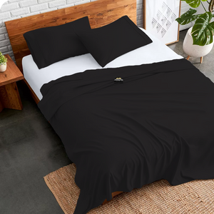 Comfy Black Flat Sheet with Pillowcase Solid Sateen