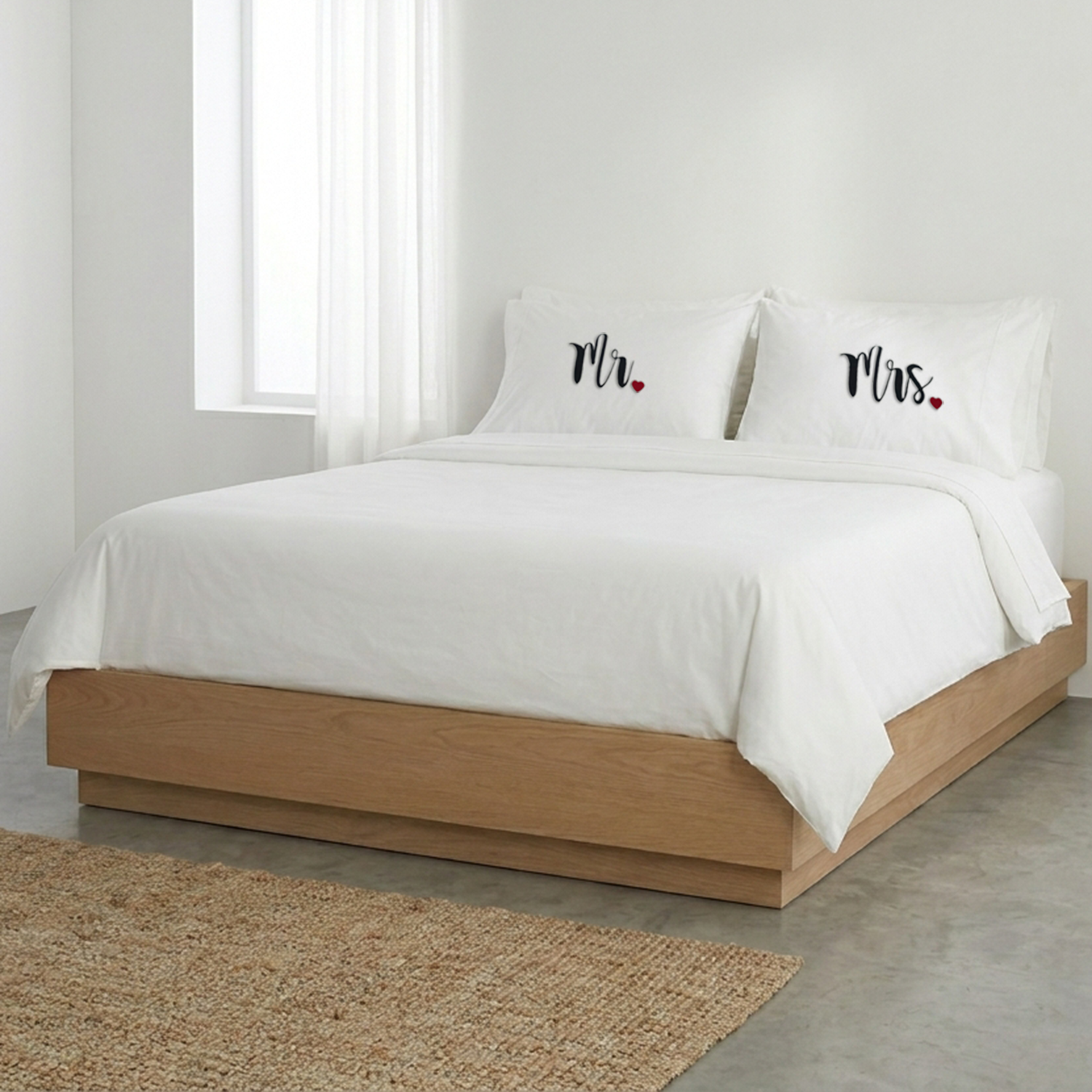 White Mr. & Mrs. Heart Pillow Covers Black Embroidery