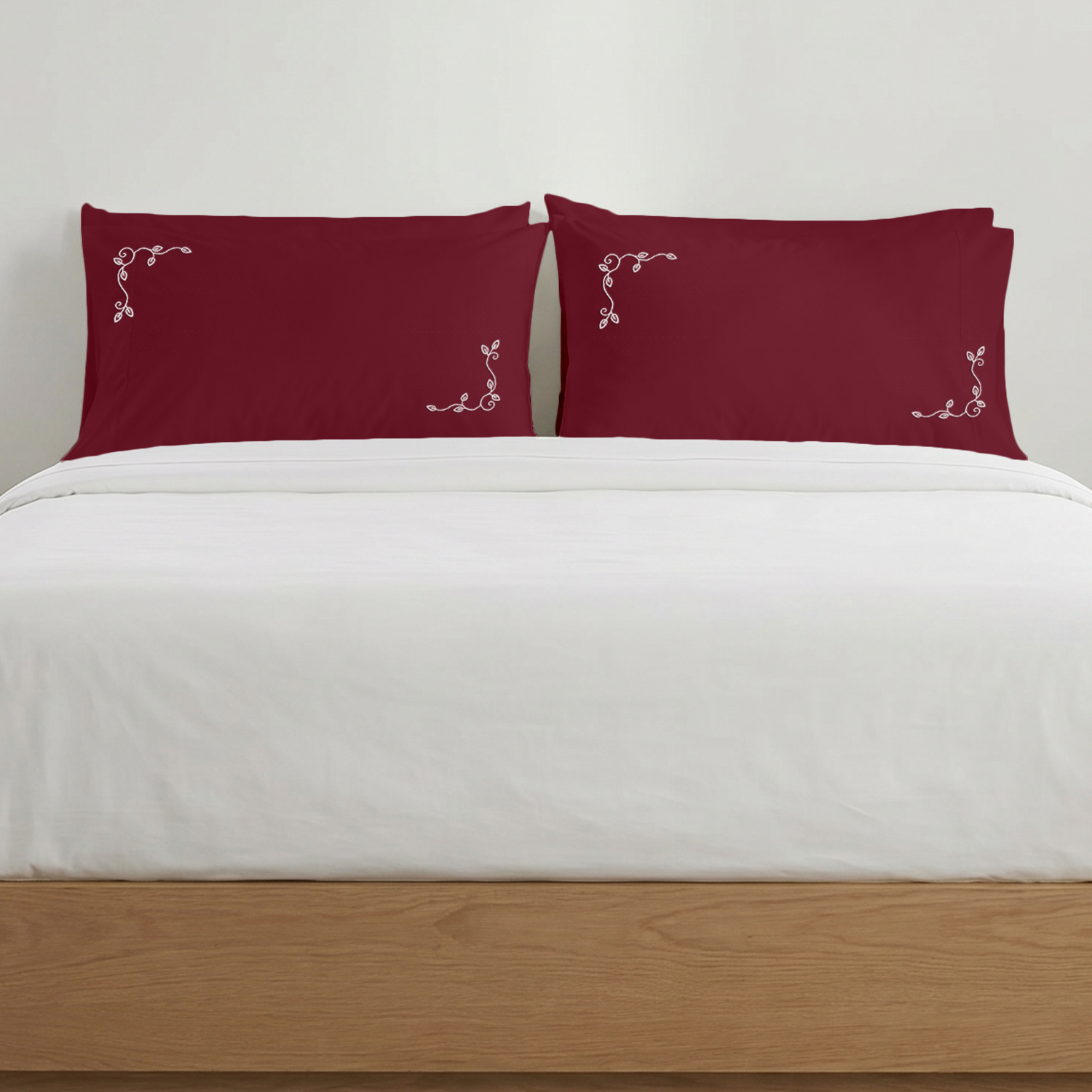 Burgundy Floral Vine Embroidered Pillow Cover Set White Embroidery