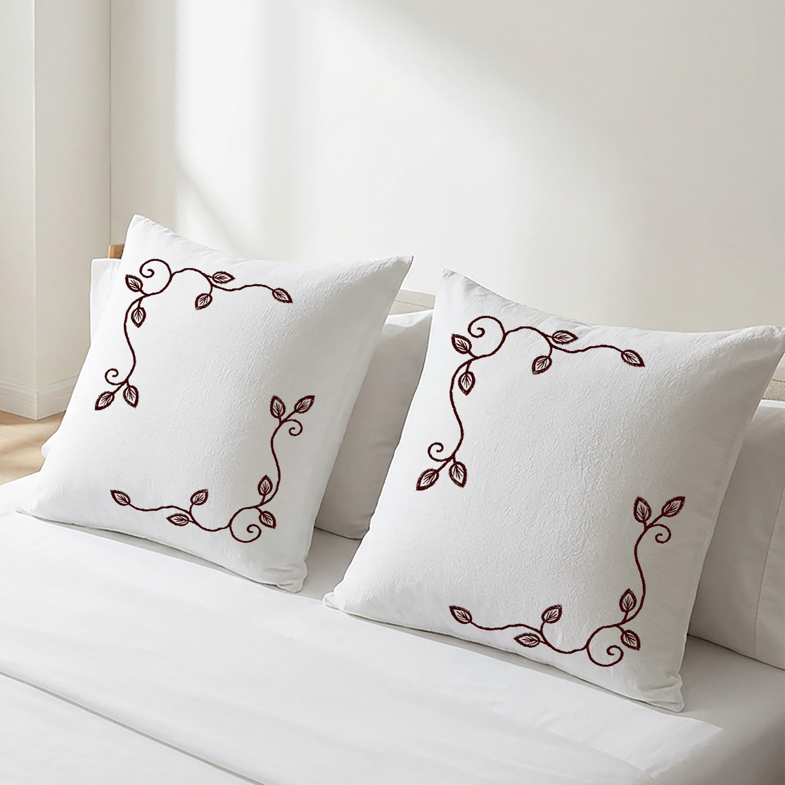 White Cushion Cover Set Floral Vine Embroidery - Pack of 2