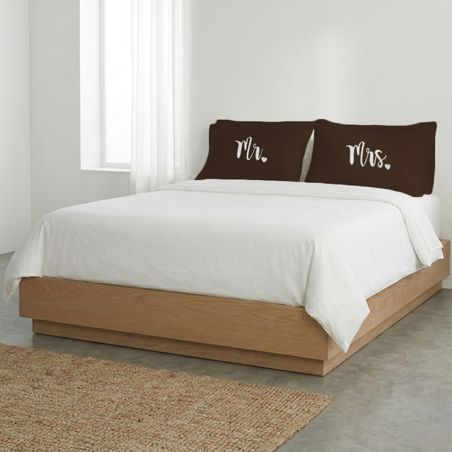 Chocolate Mr. & Mrs. Heart Pillow Covers White Embroidery
