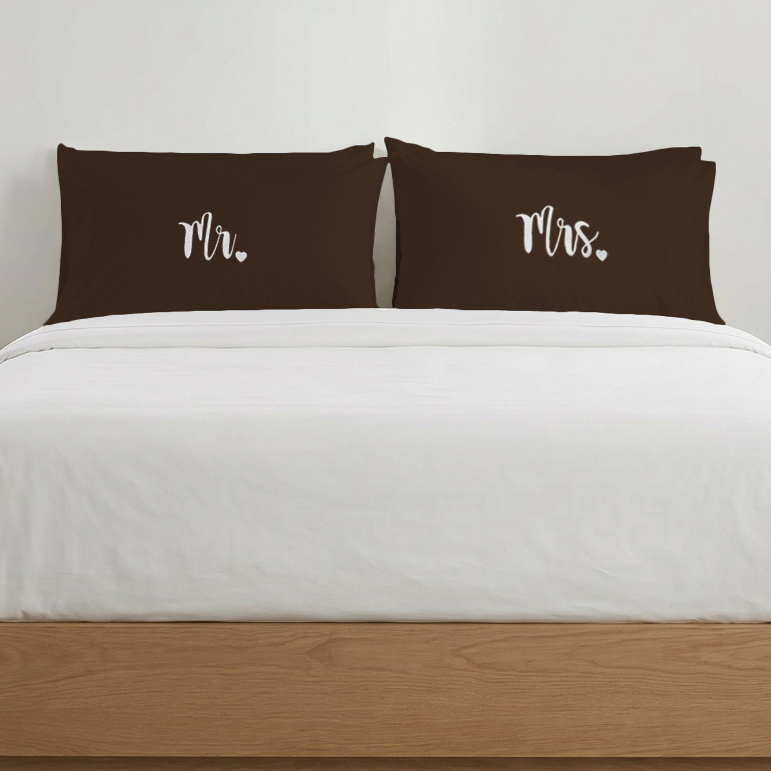Chocolate Mr. & Mrs. Heart Pillow Covers White Embroidery