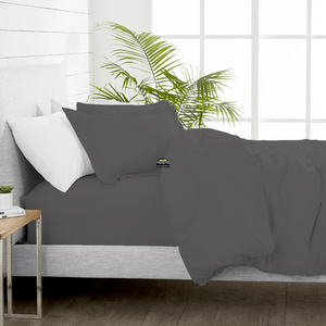 Dark Grey Duvet Cover Set with Fitted Sheet Solid Comfy Sateen