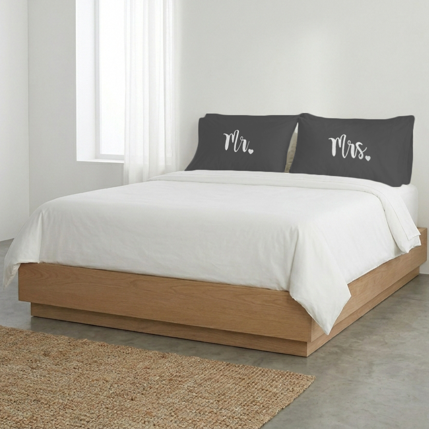 Dark Grey Mr. & Mrs. Heart Pillow Covers White Embroidery
