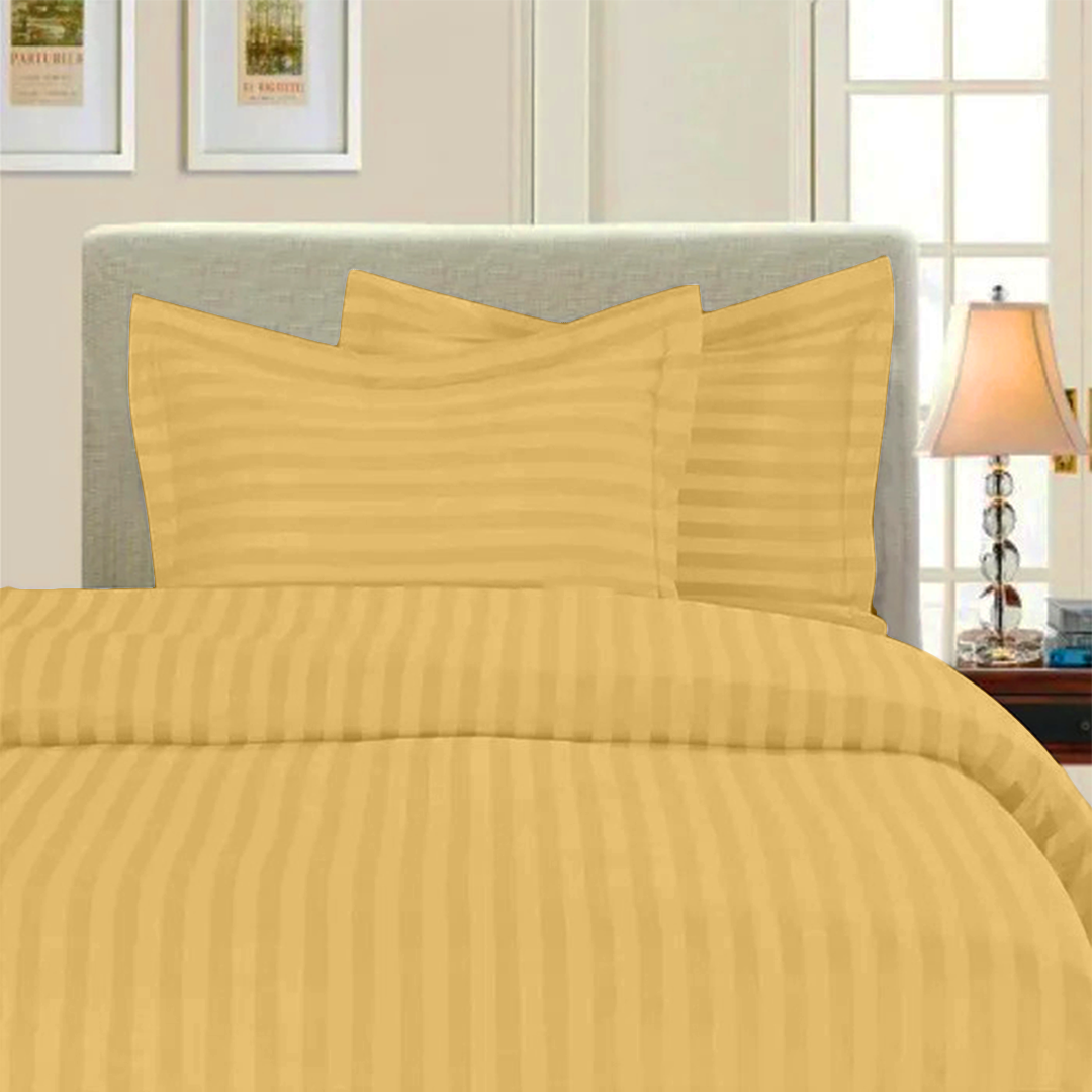 Gold Stripe Duvet Cover Set with Fitted Sheet Comfy Sateen