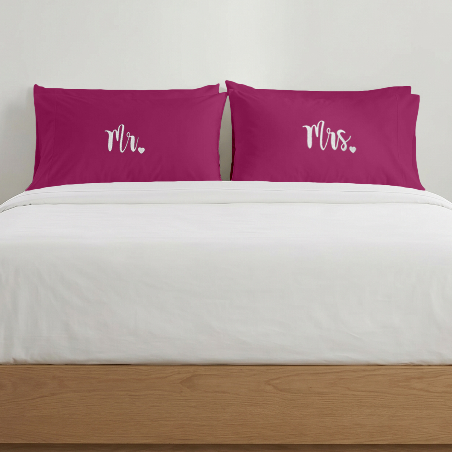 Hot Pink Mr Mrs Heart Pillow Covers White Embroidery