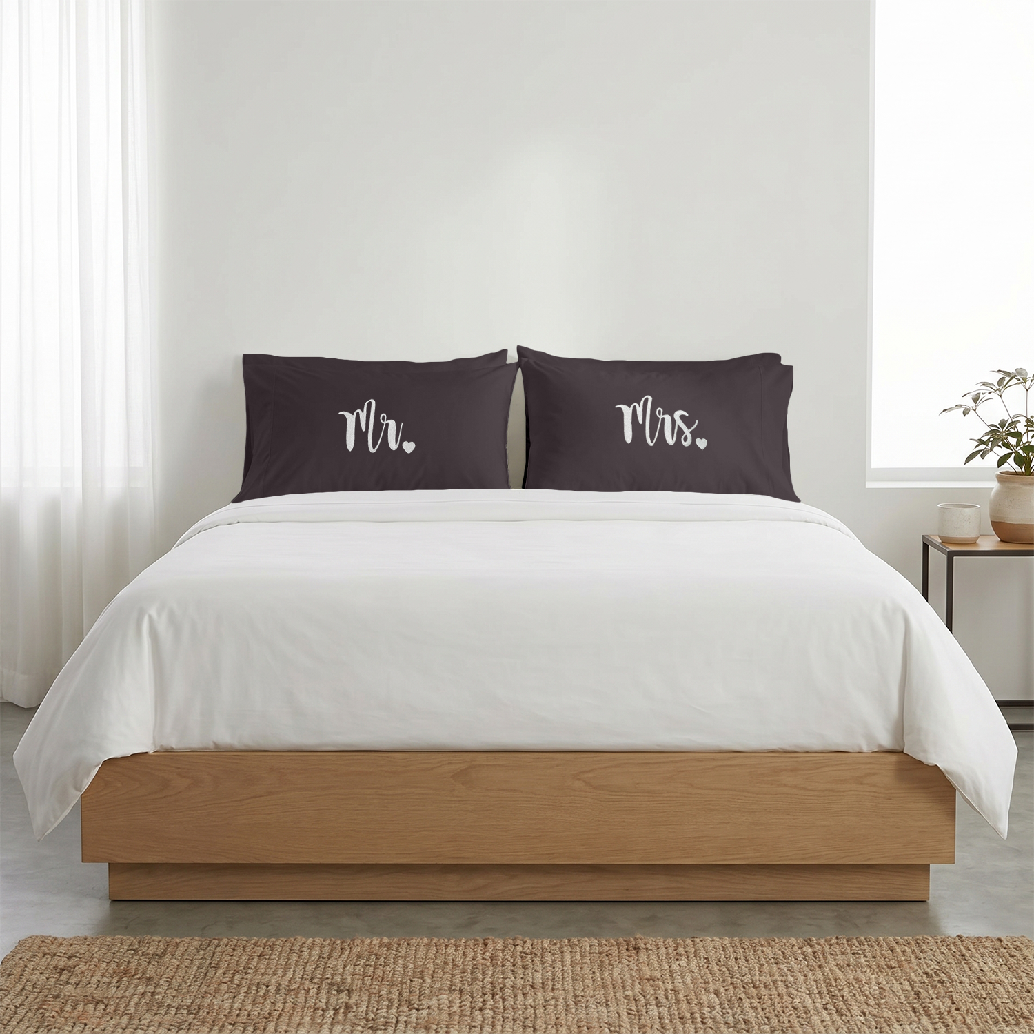 Lavender Mr. & Mrs. Heart Pillow Covers | White Embroidery