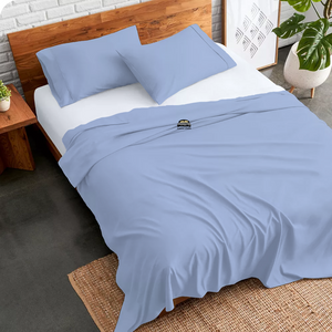 Sky Blue Flat Sheet with Pillowcase Comfy Solid Sateen