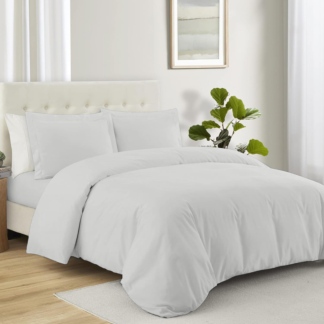 Light Grey Duvet Cover Set with Fitted Sheet Solid Comfy Sateen