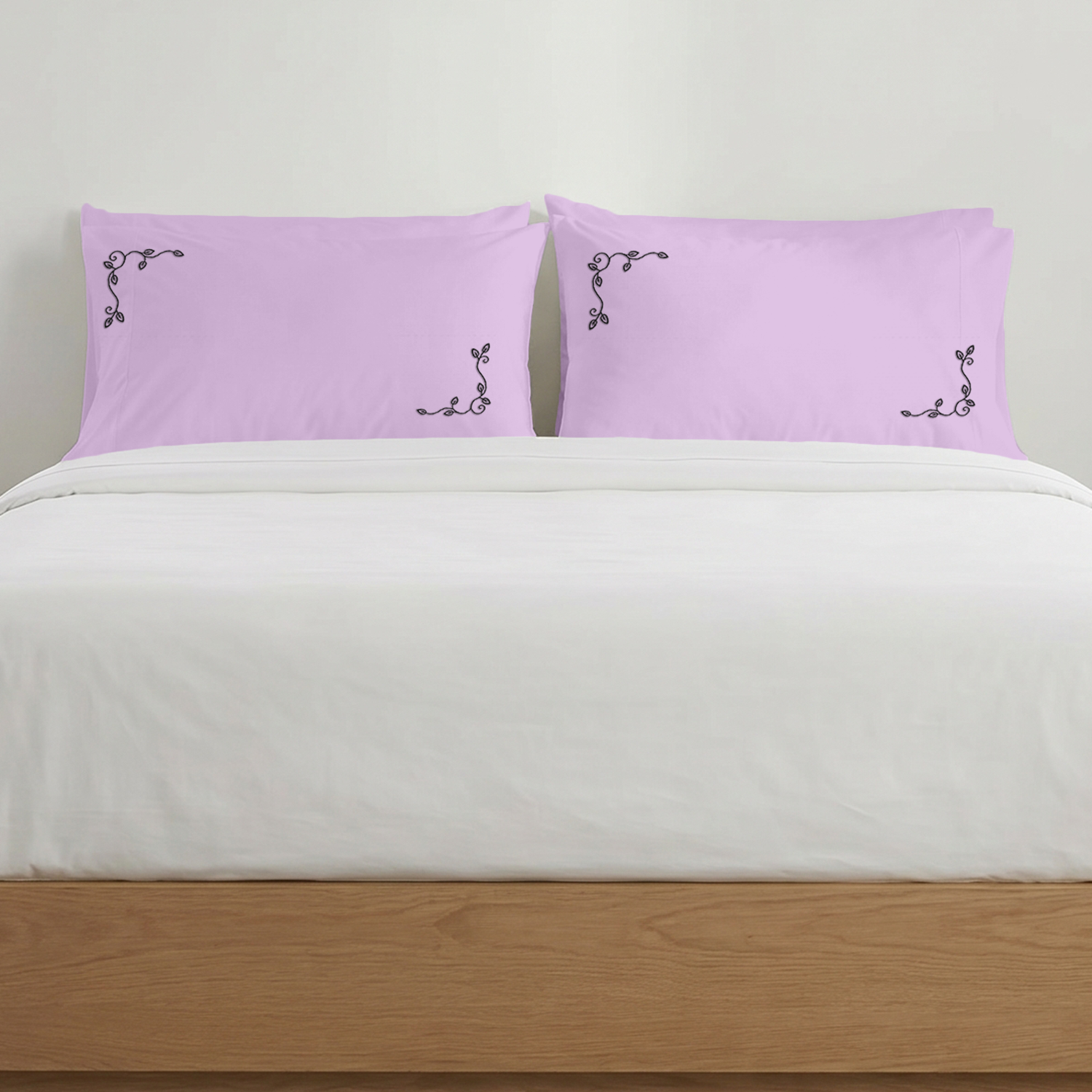 Lilac Floral Vine Embroidered Pillow Cover Set Black Embroidery