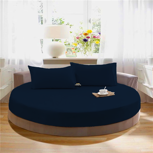 Navy Blue Round Fitted Sheet with Pillowcase Bliss Solid Sateen