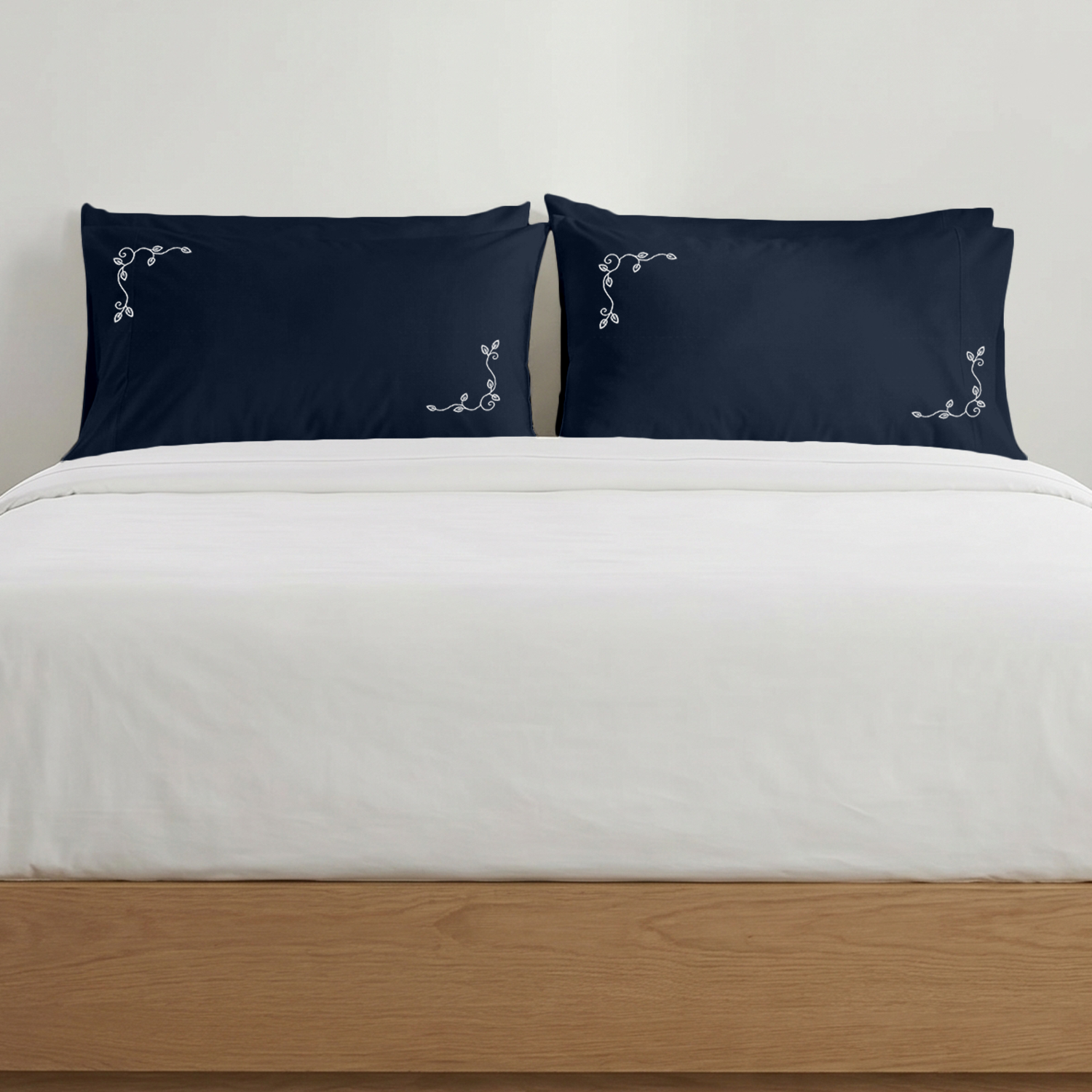 Navy Blue Floral Vine Embroidered Pillow Cover Set White Embroidery
