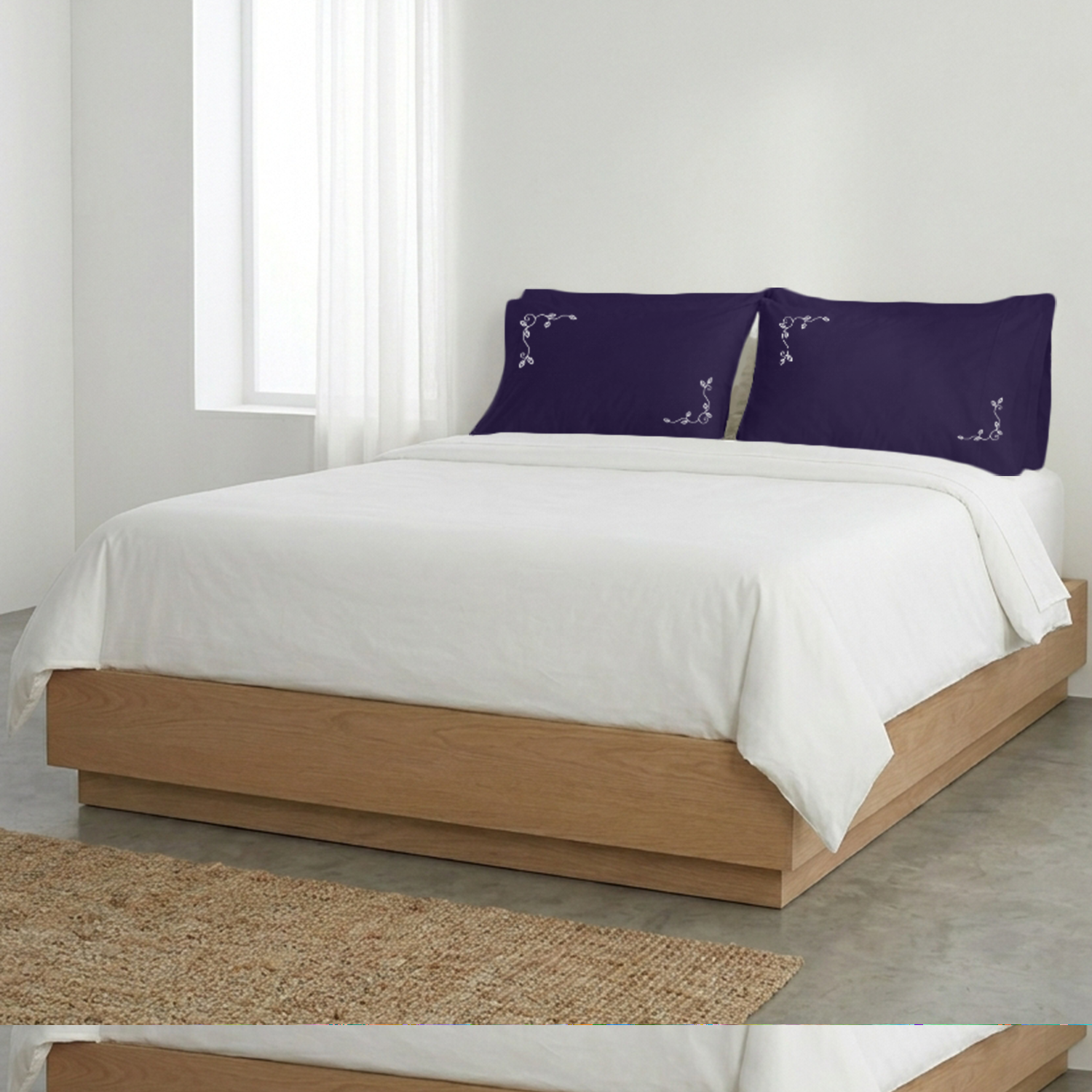 Purple Floral Vine Embroidered Pillow Cover Set White Embroidery