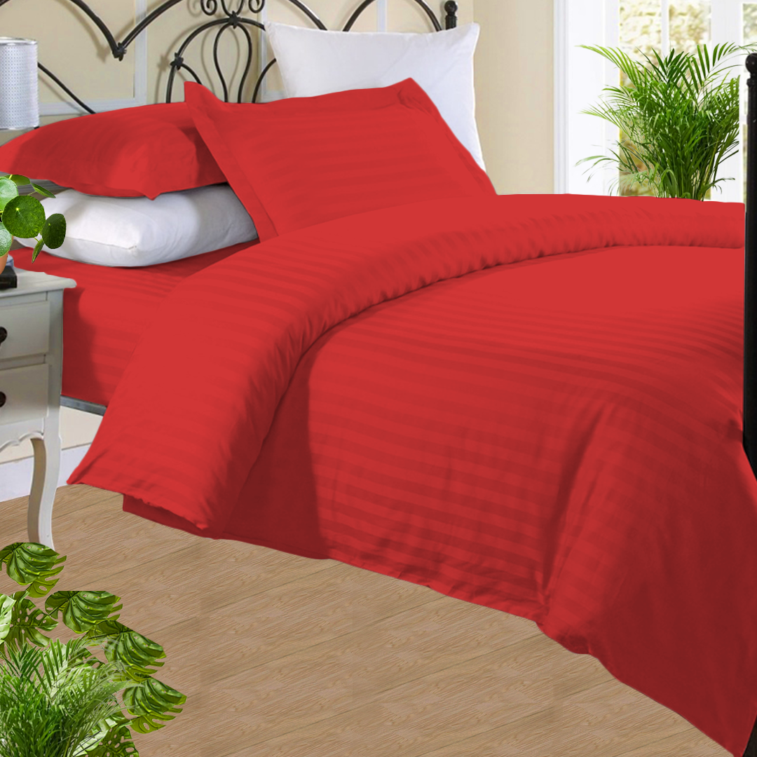 Red Stripe Duvet Cover Set with Fitted Sheet Sateen Comfy