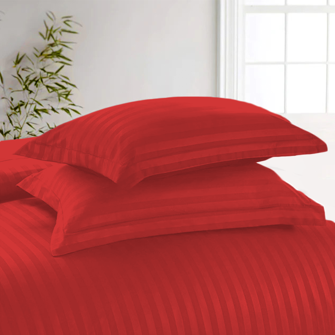 Red Stripe Duvet Cover Set with Fitted Sheet Sateen Comfy