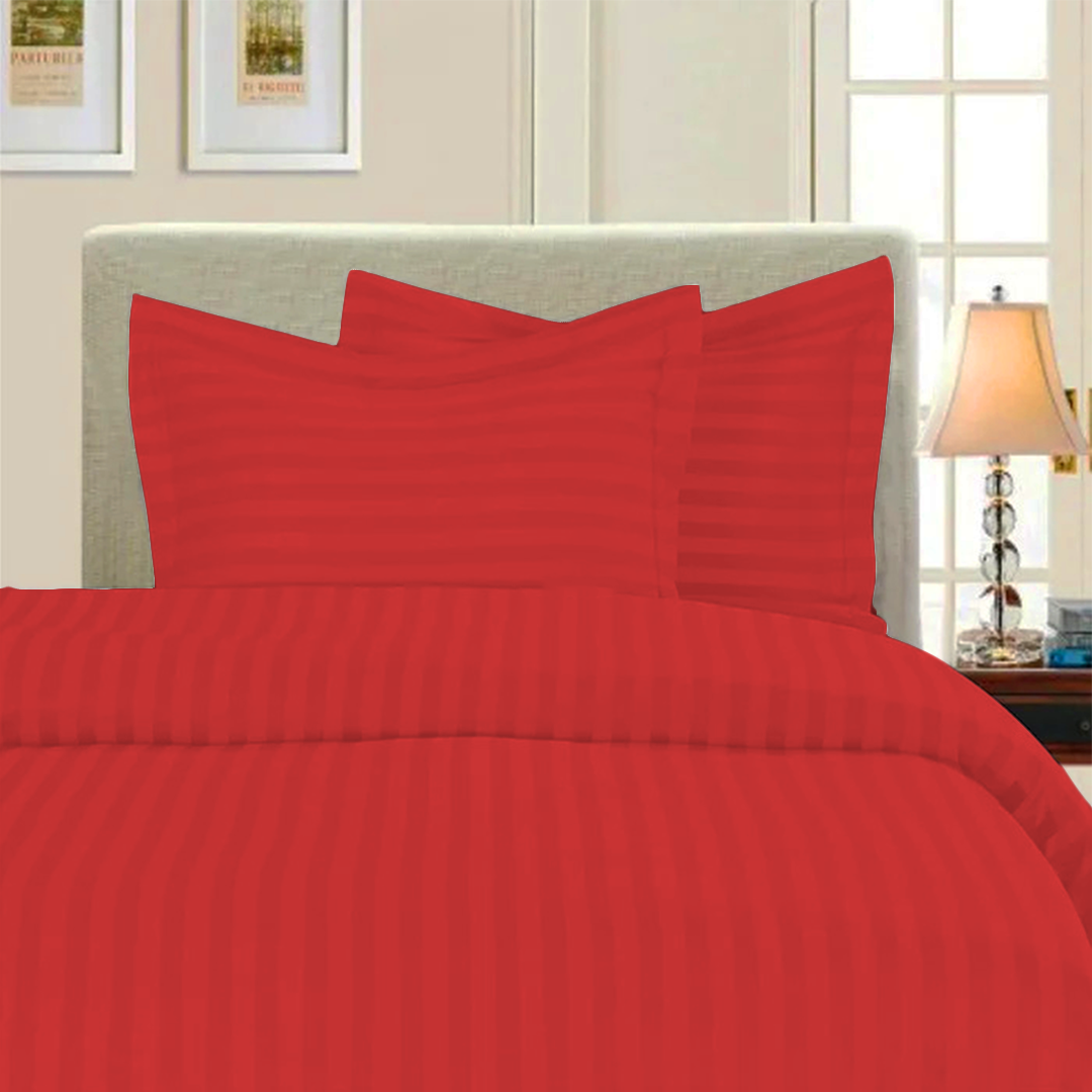 Red Stripe Duvet Cover Set with Fitted Sheet Sateen Comfy