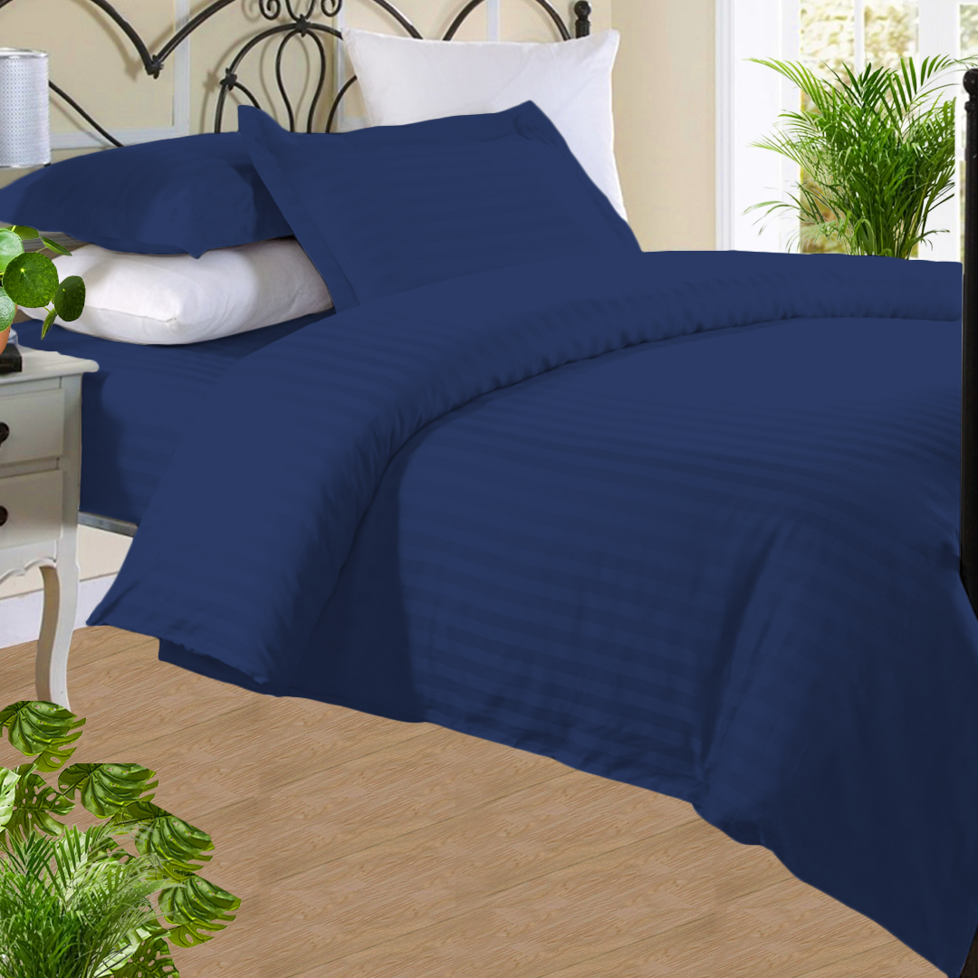 Royal Blue Stripe Duvet Cover Set with Fitted Sheet Sateen Comfy