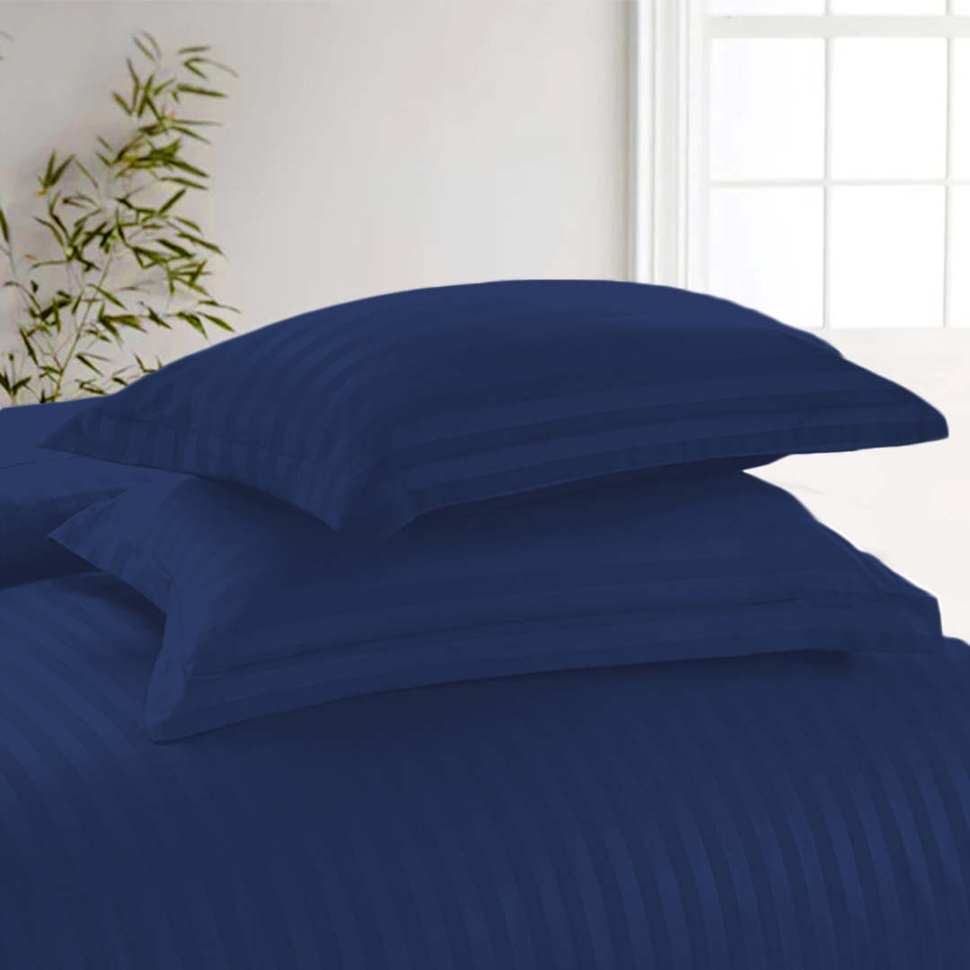 Royal Blue Stripe Duvet Cover Set with Fitted Sheet Sateen Comfy