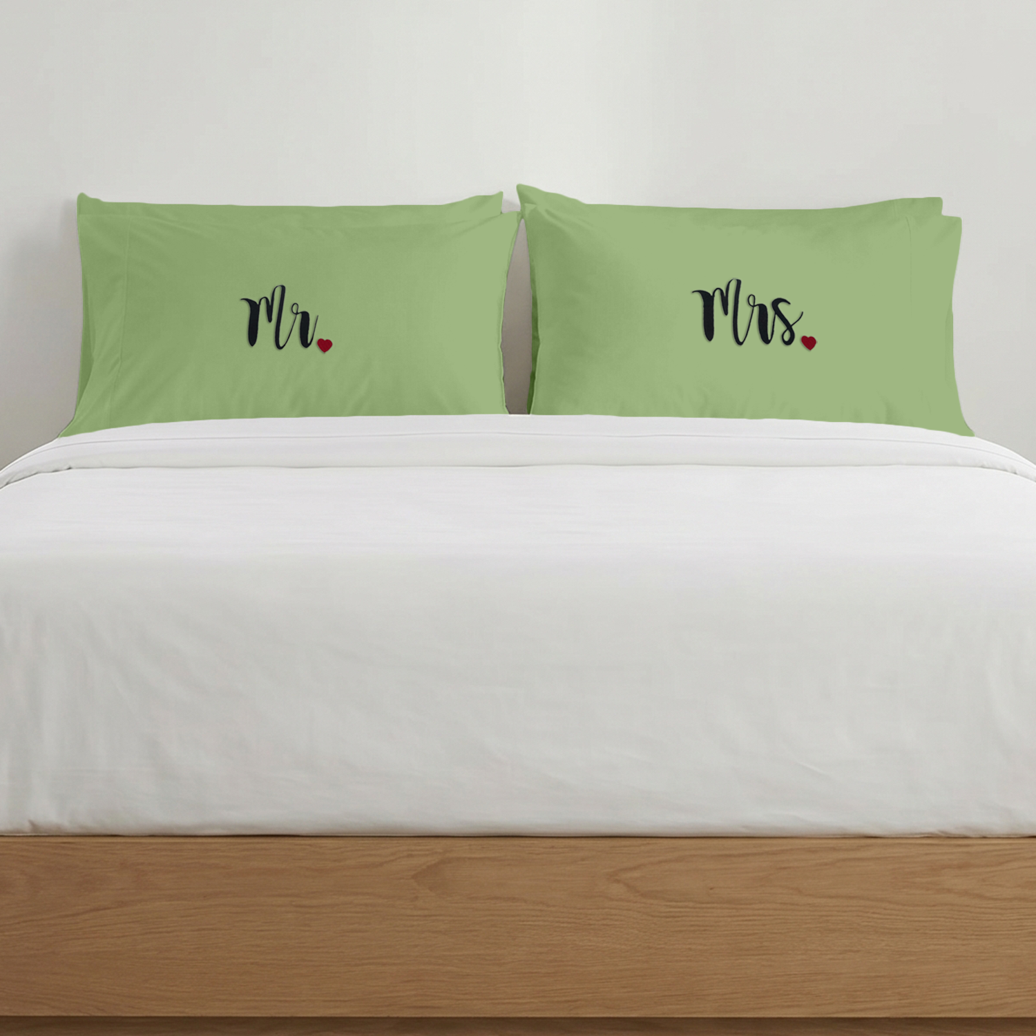 Sage Green Mr. & Mrs. Heart Pillow Covers Black Embroidery