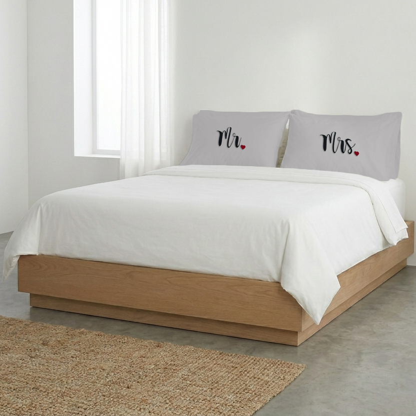 Light Grey Mr. & Mrs. Heart Pillow Covers Black Embroidery