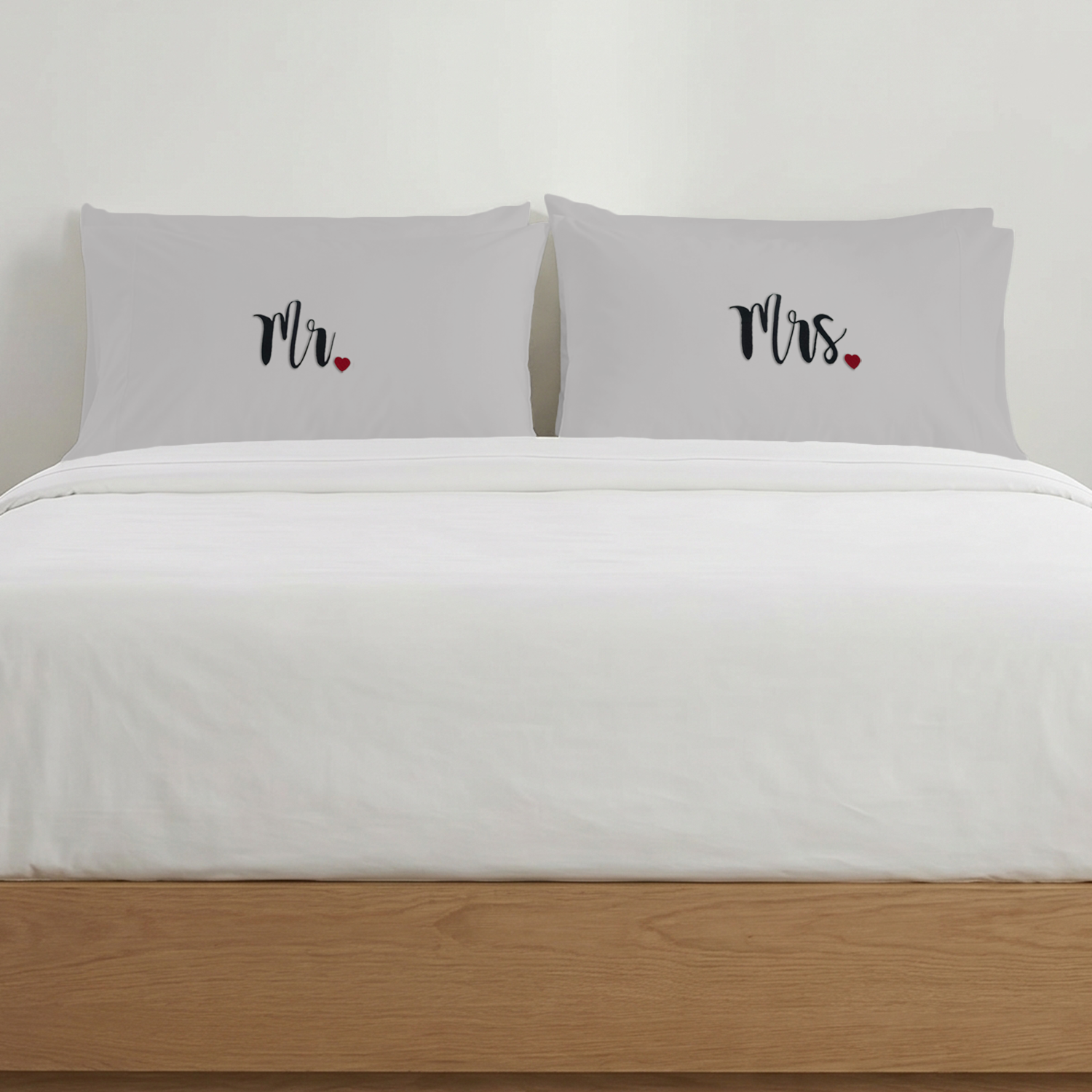 Light Grey Mr. & Mrs. Heart Pillow Covers Black Embroidery
