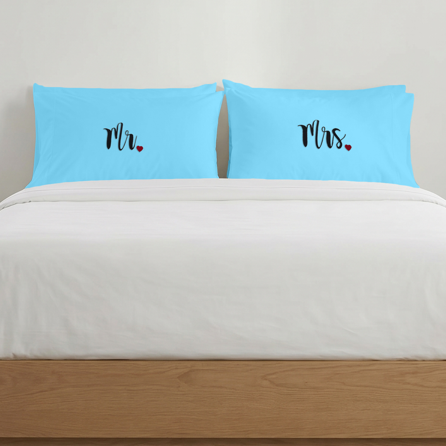 Light Blue Mr. & Mrs. Heart Pillow Covers Black Embroidery