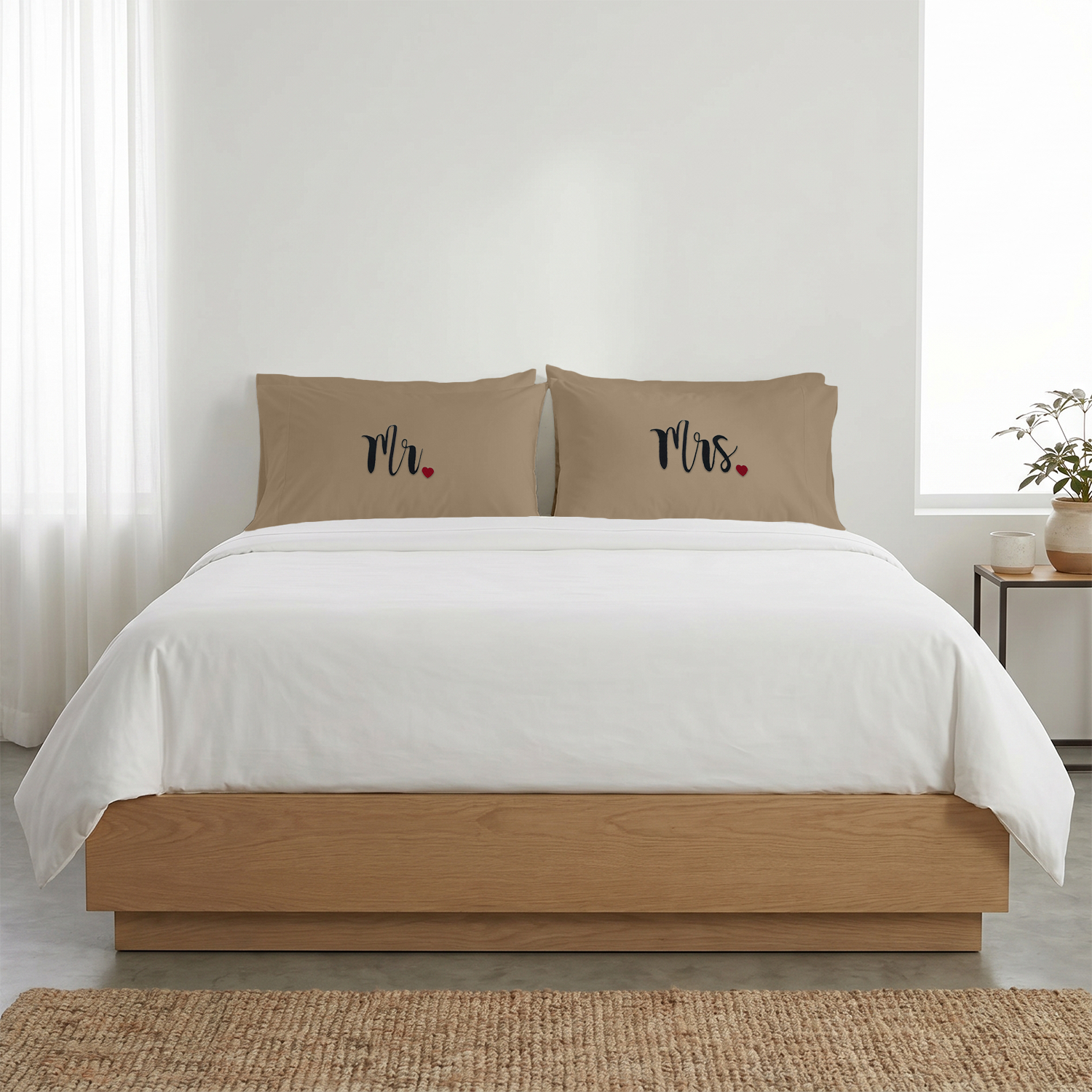 Taupe Mr. & Mrs. Heart Pillow Covers Black Embroidery