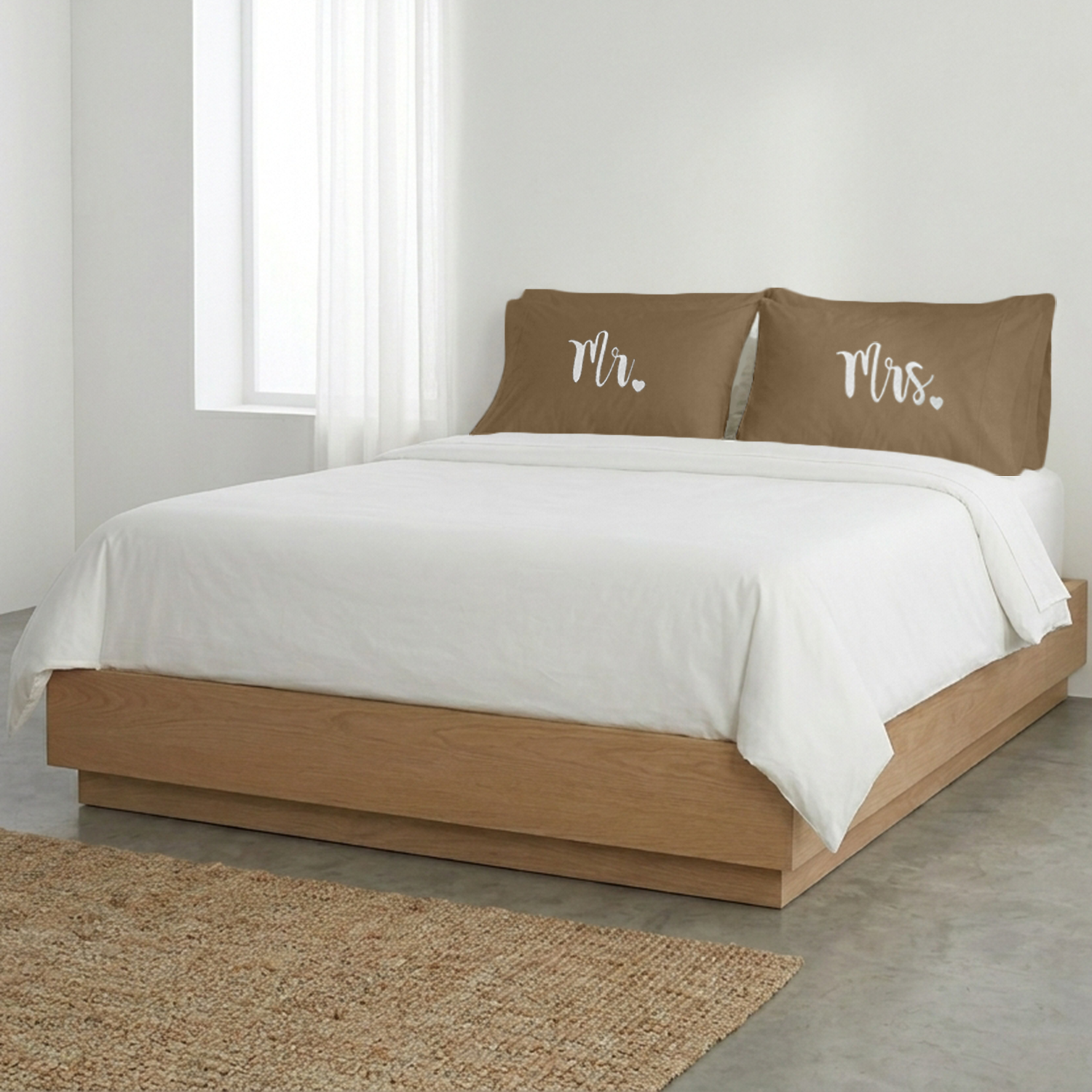 Taupe Mr. & Mrs. Heart Pillow Covers White Embroidery