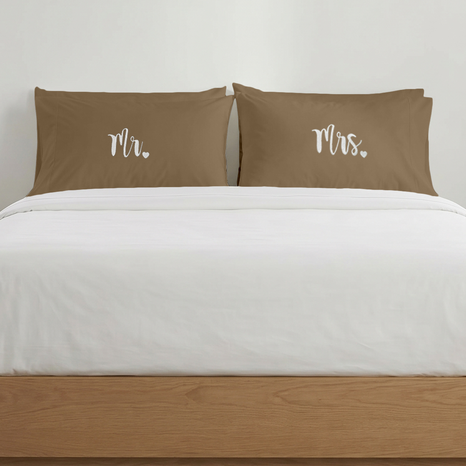 Taupe Mr. & Mrs. Heart Pillow Covers White Embroidery