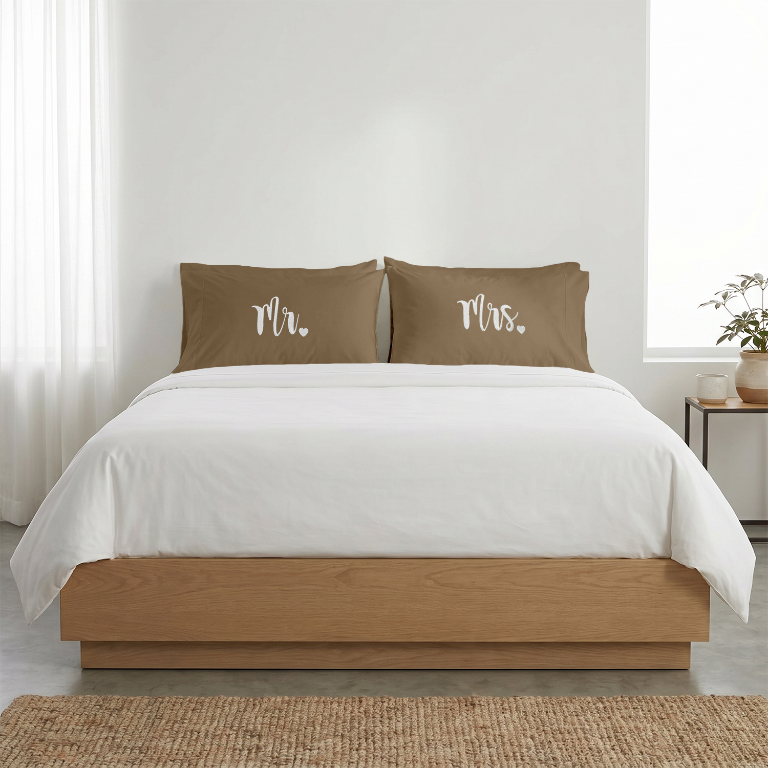 Taupe Mr. & Mrs. Heart Pillow Covers White Embroidery