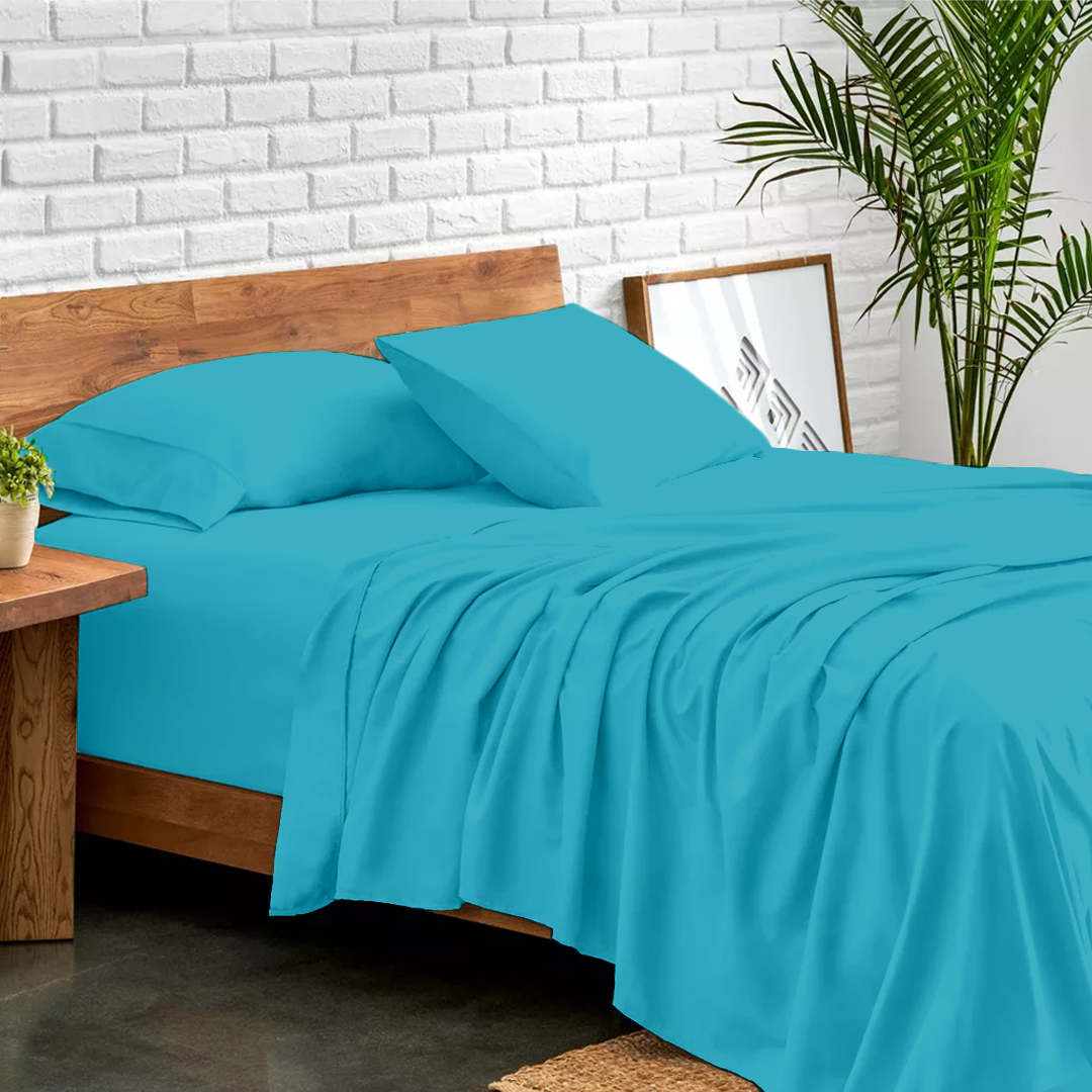 Turquoise Bed Sheet Set Comfy Solid Sateen