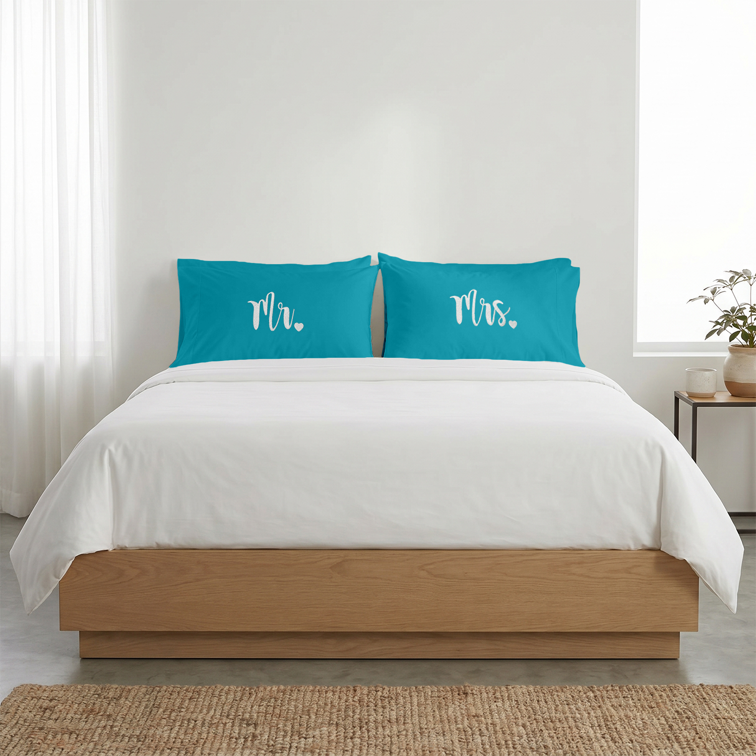 Turquoise Mr Mrs Heart Pillow Covers White Embroidery