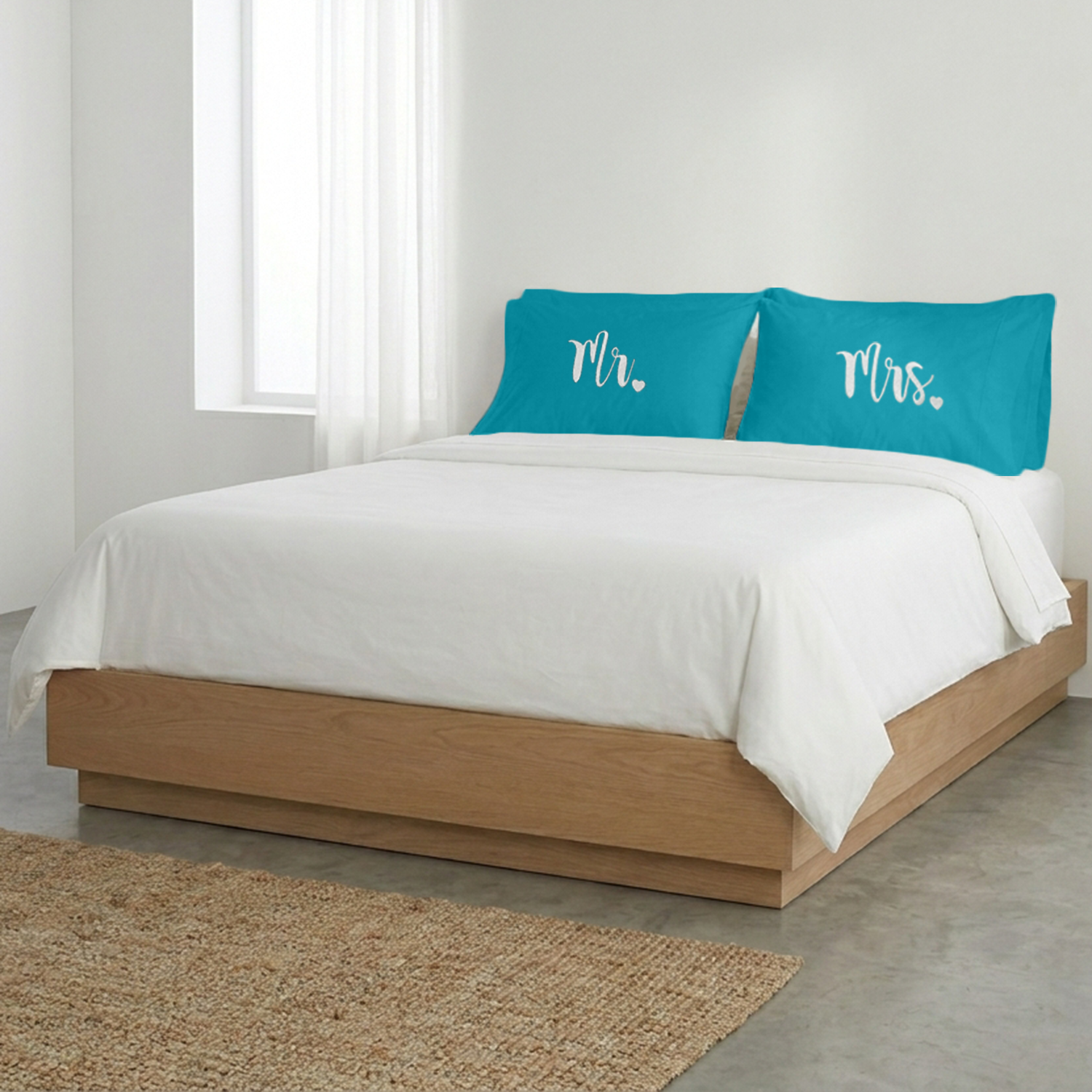 Turquoise Mr Mrs Heart Pillow Covers White Embroidery