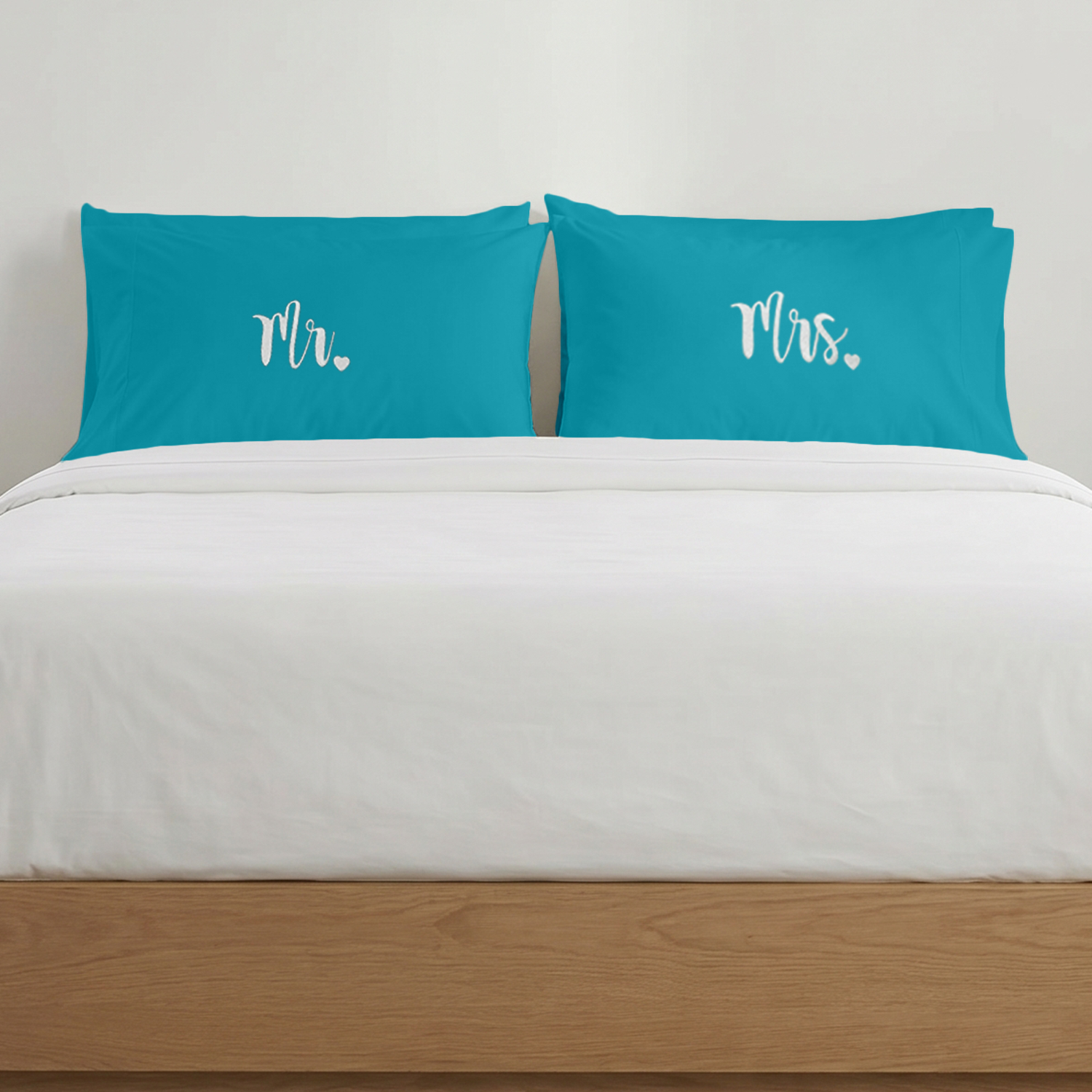 Turquoise Mr Mrs Heart Pillow Covers White Embroidery
