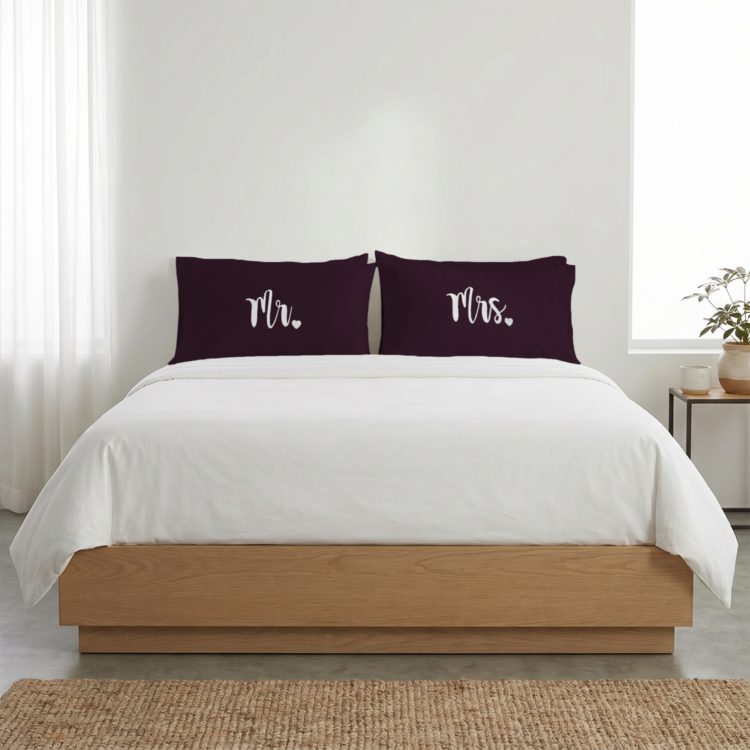 Wine Mr Mrs Heart Pillow Covers White Embroidery