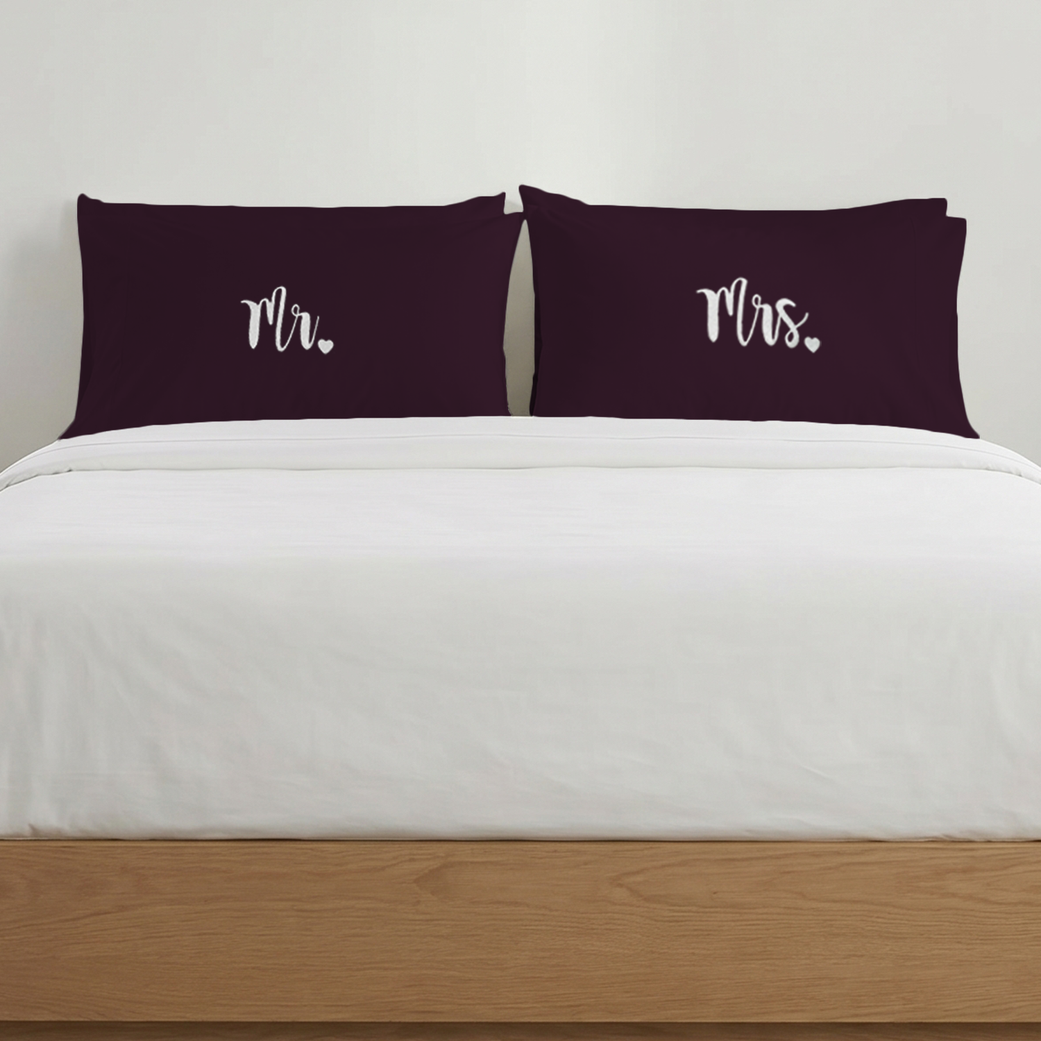 Wine Mr Mrs Heart Pillow Covers White Embroidery