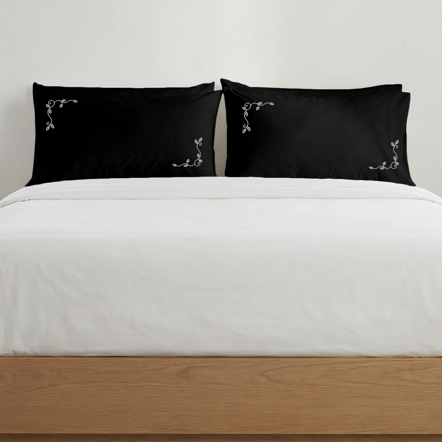 Black Floral Vine Embroidered Pillow Cover Set White Embroidery