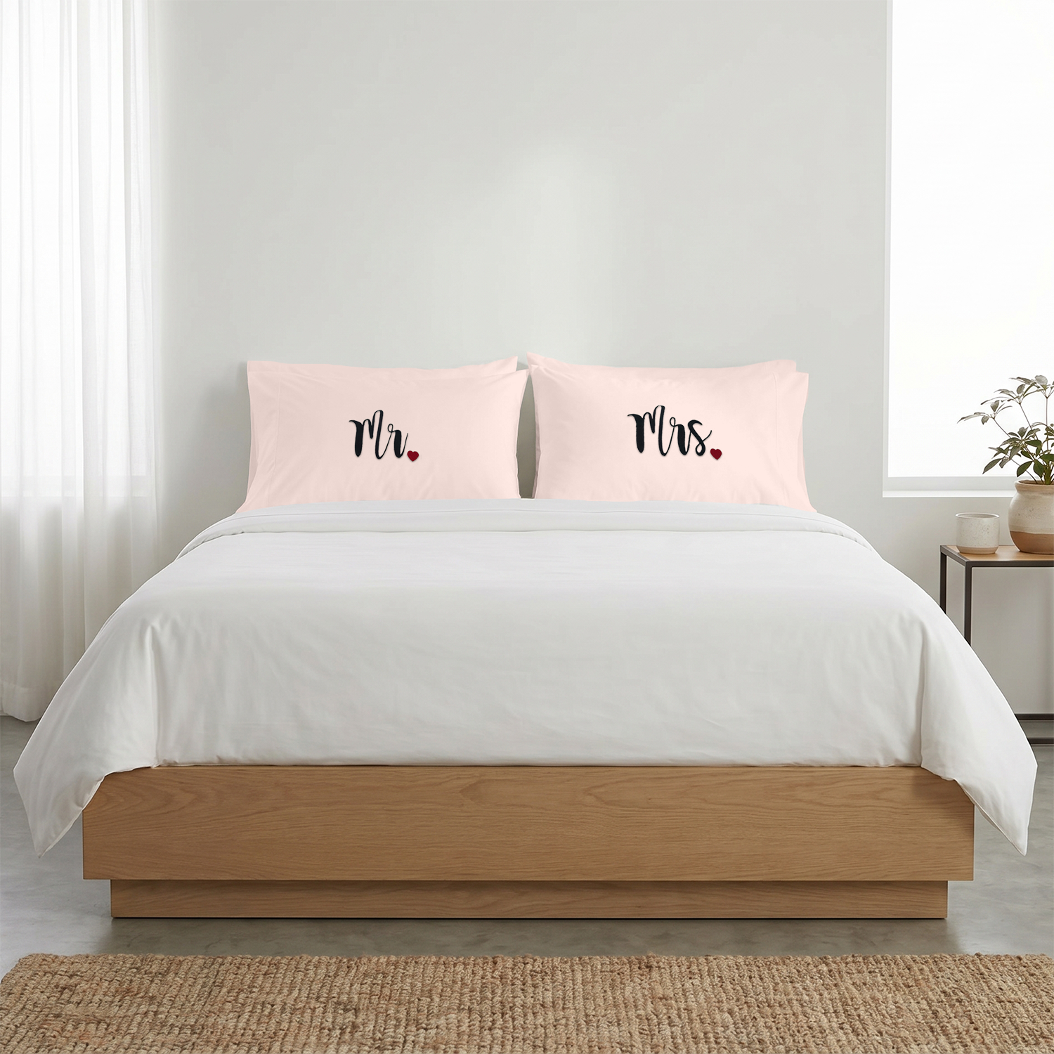 Peach Mr Mrs Heart Pillow Covers Black Embroidery