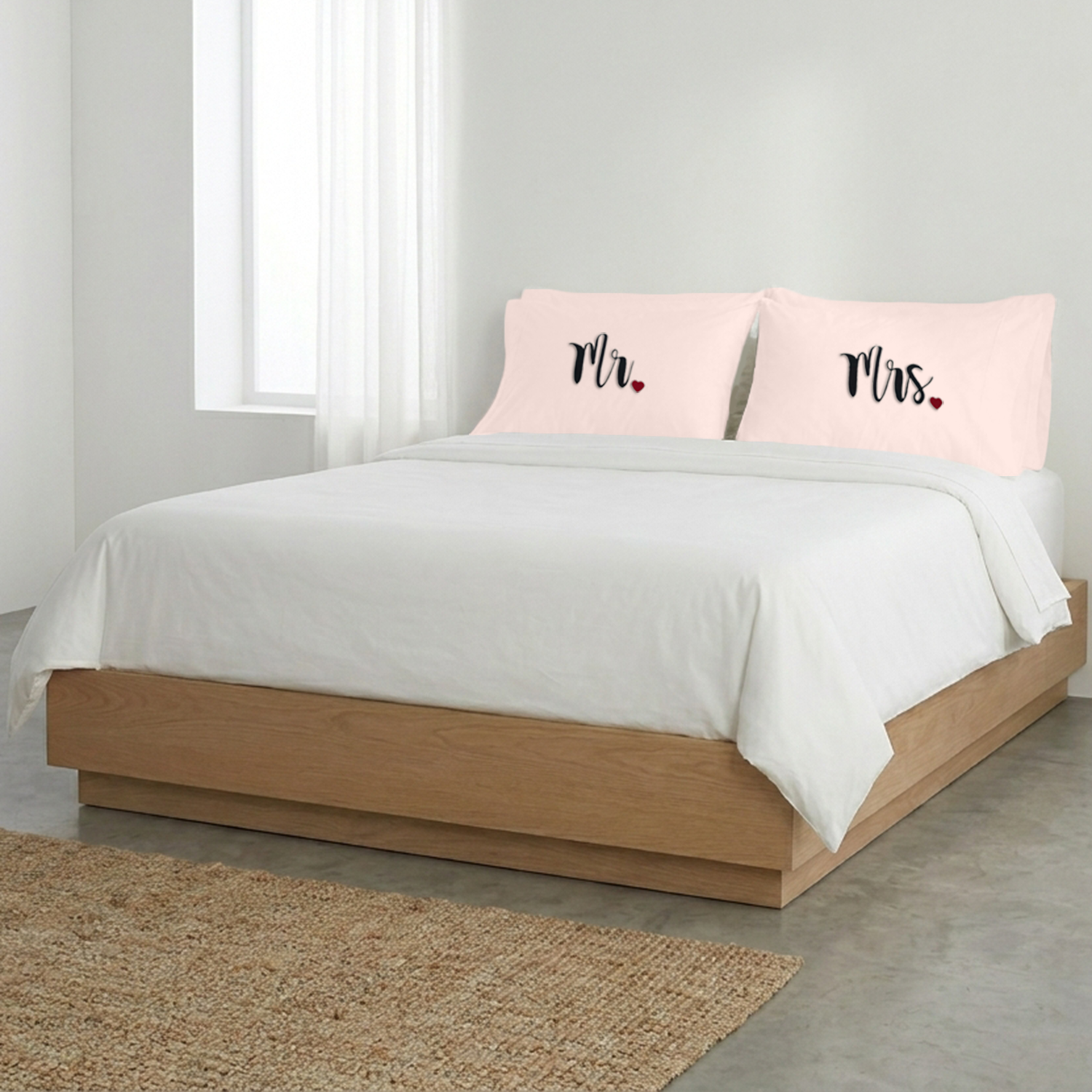 Peach Mr Mrs Heart Pillow Covers Black Embroidery