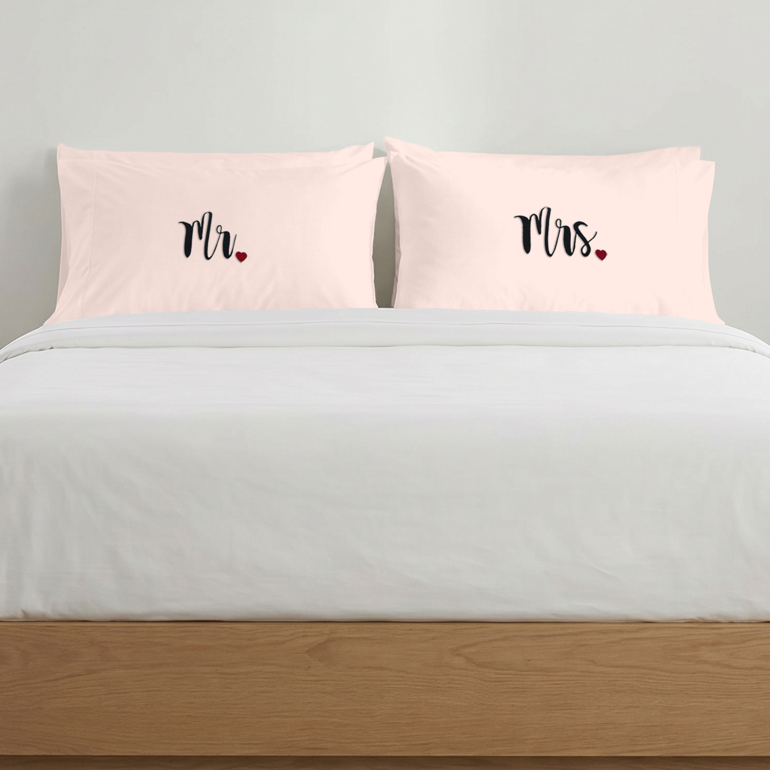 Peach Mr Mrs Heart Pillow Covers Black Embroidery