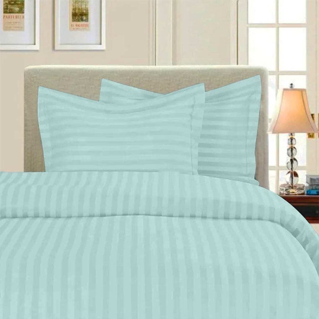 Aqua Blue Stripe Duvet Cover Set with Fitted Sheet Comfy Sateen
