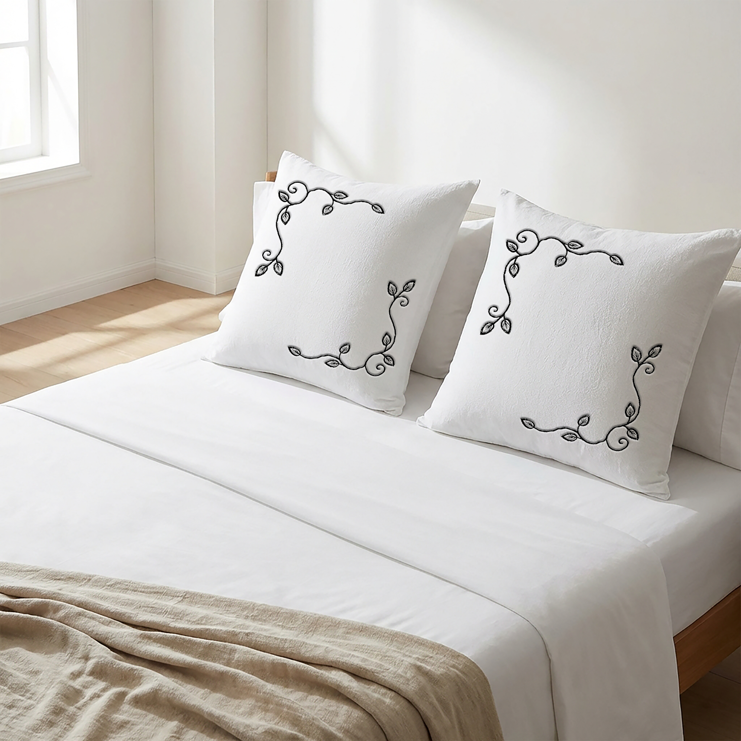 White Cushion Cover Set Floral Vine Embroidery - Pack of 2