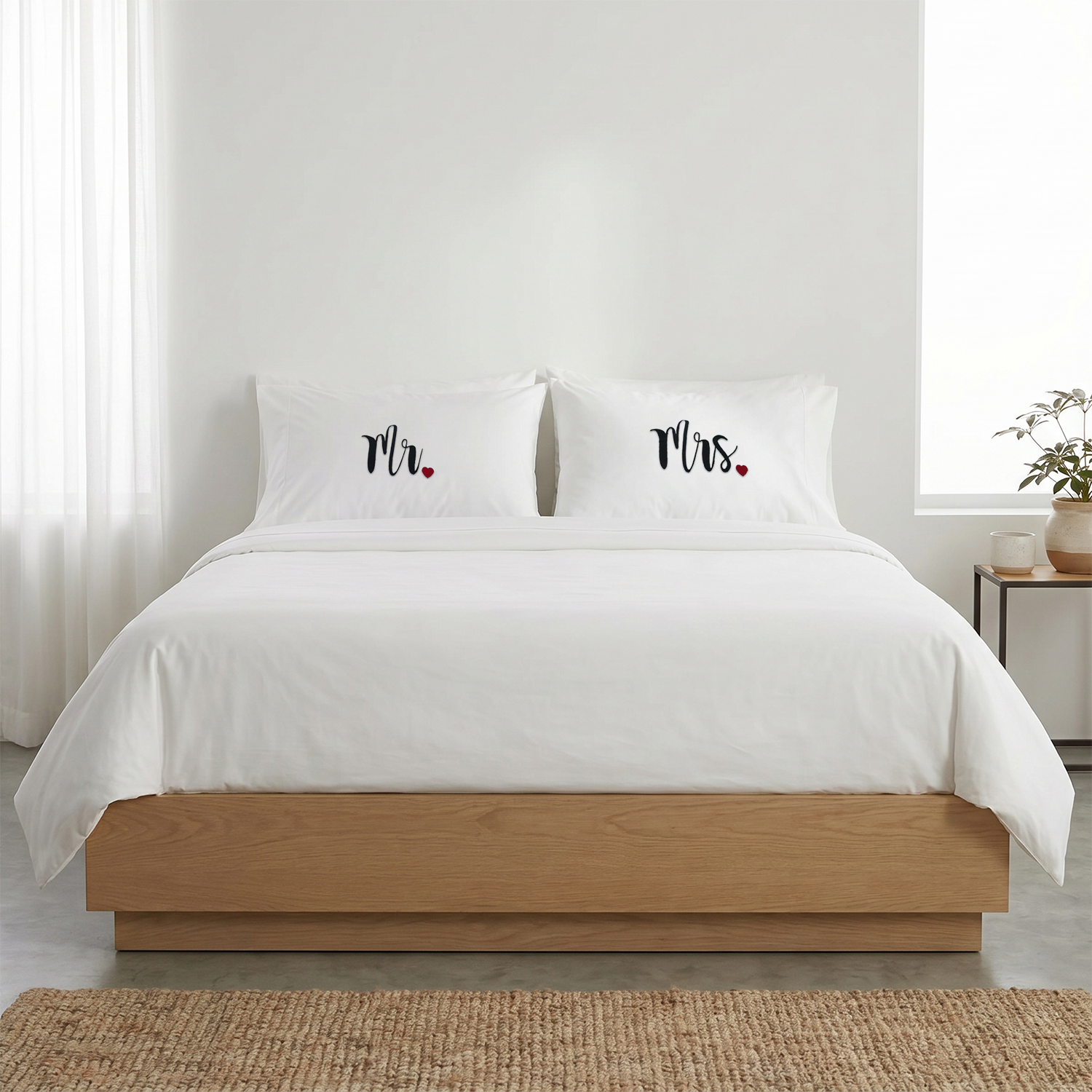White Mr. & Mrs. Heart Pillow Covers Black Embroidery