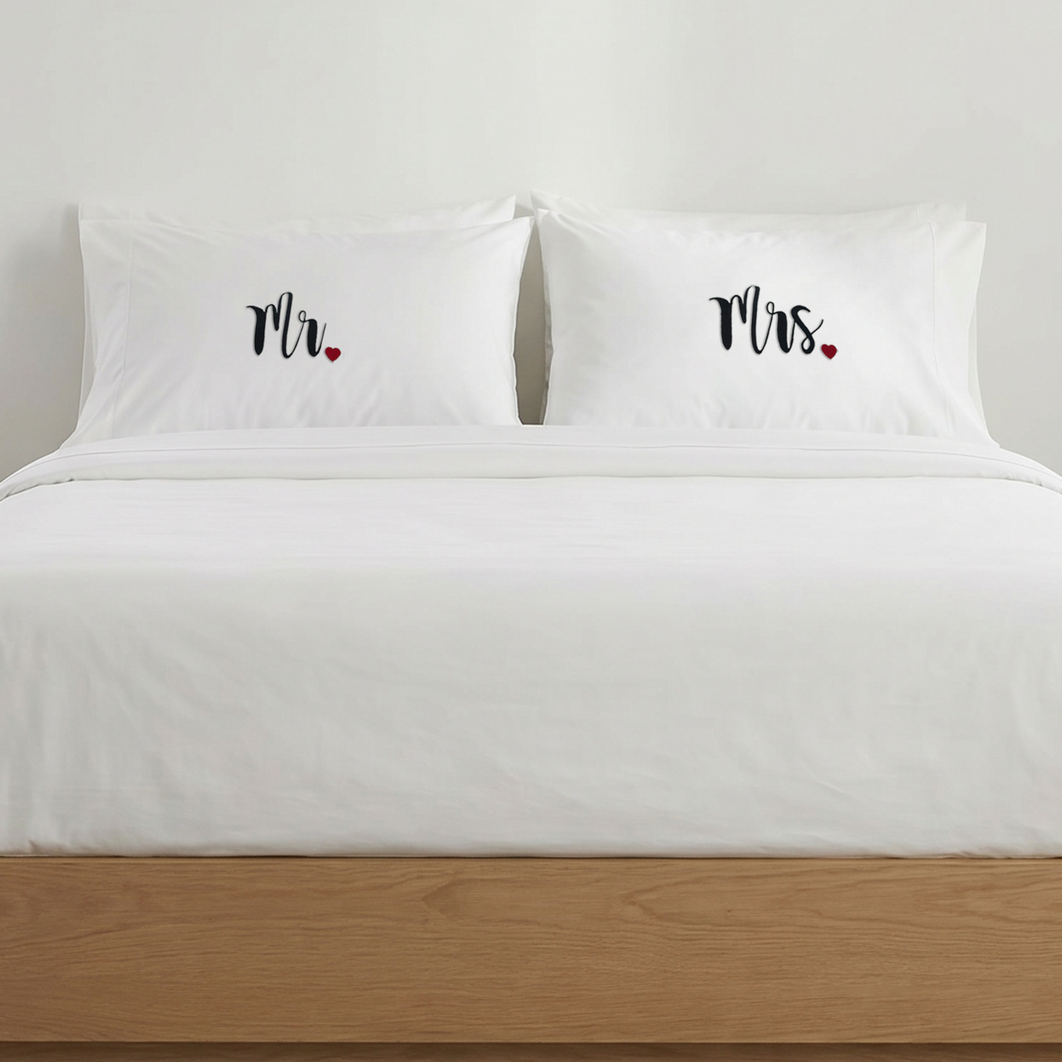 White Mr. & Mrs. Heart Pillow Covers Black Embroidery