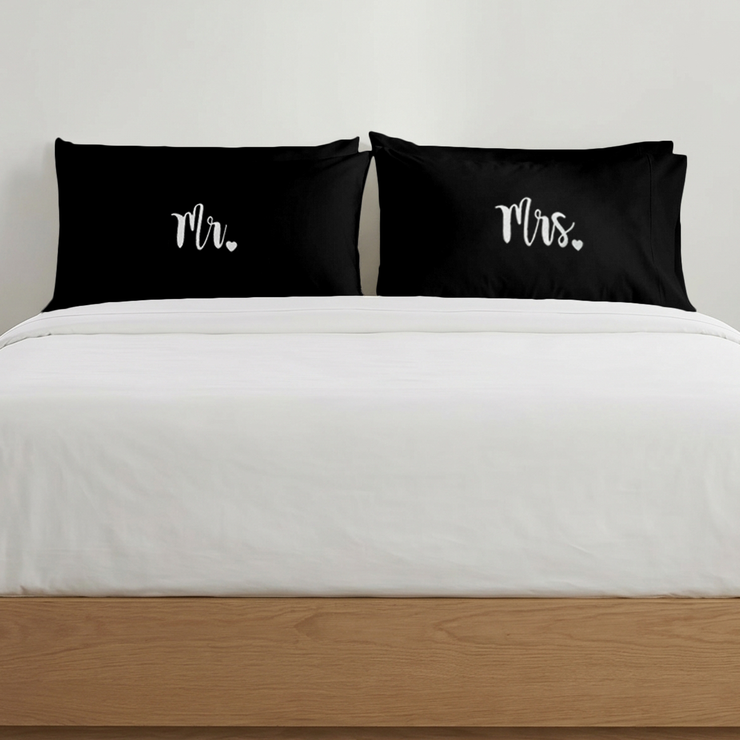 Black Mr. & Mrs. Heart Pillow Covers White Embroidery