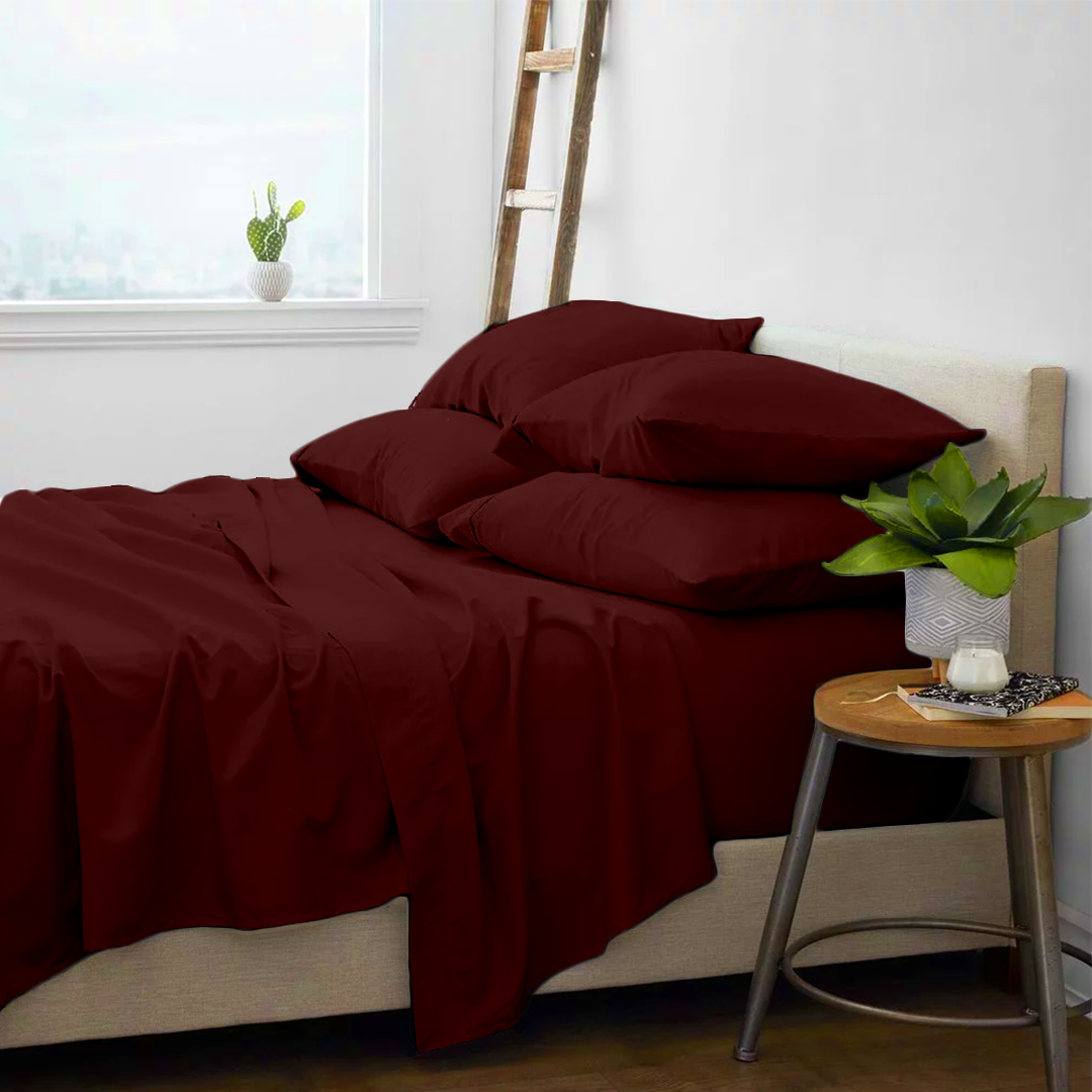 Burgundy Sheet Set with Extra Pillowcase Comfy Solid Sateen