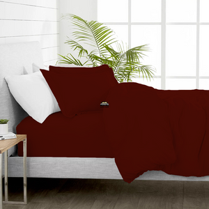 Burgundy Duvet Cover Set with Fitted Sheet Solid Comfy Sateen