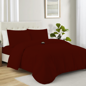 Burgundy Duvet Cover Set with Fitted Sheet Solid Comfy Sateen